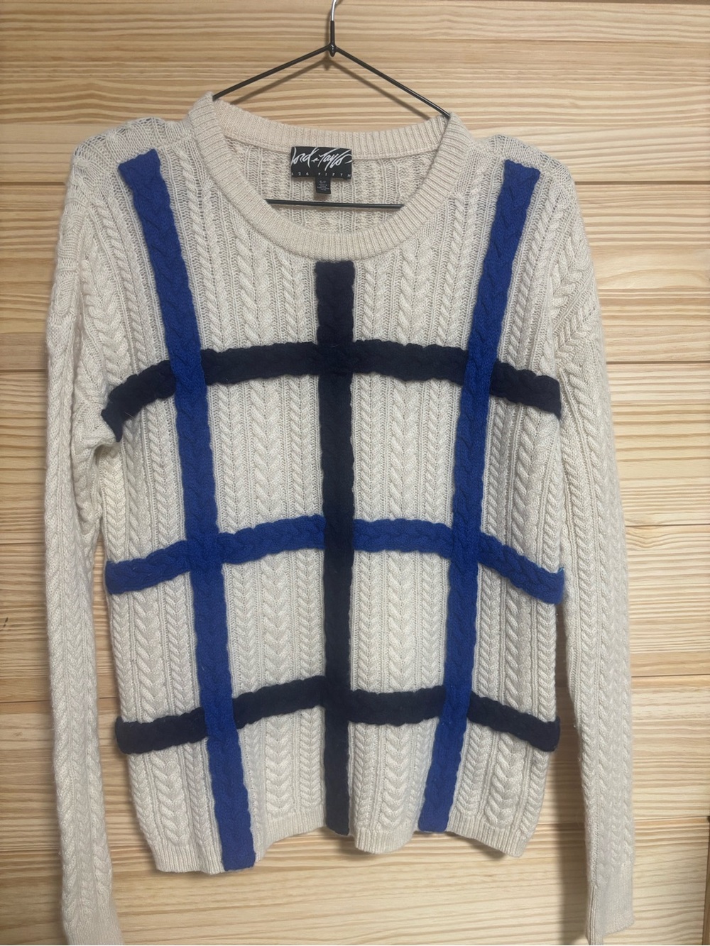 Wool and cashmere Lord & Taylor Ivory Cable Knit Sweater with Navy Patch